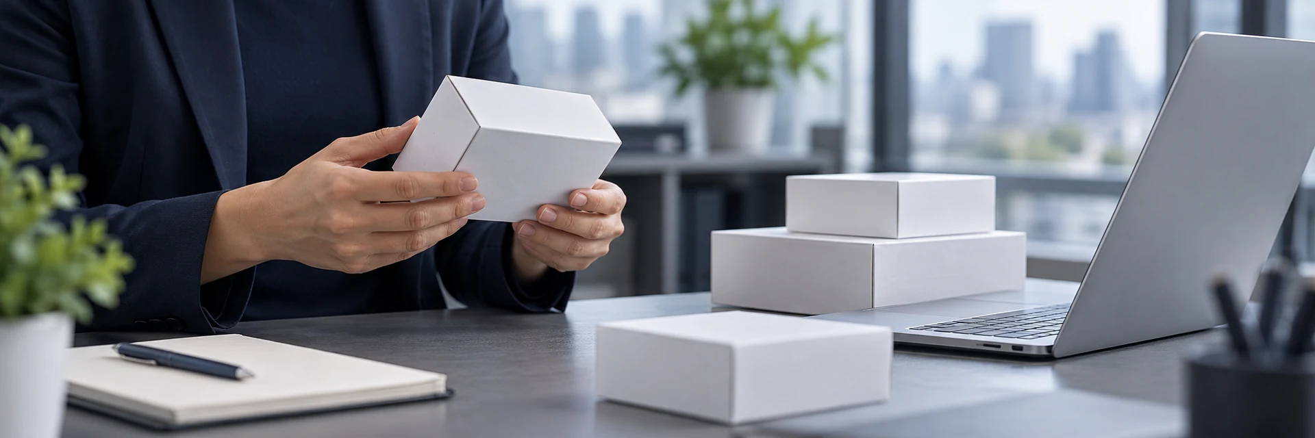 Product packaging being reviewed beside a laptop